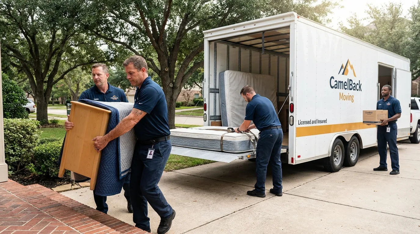 Crew loading residential truck for cross-state move from Goliad, TX