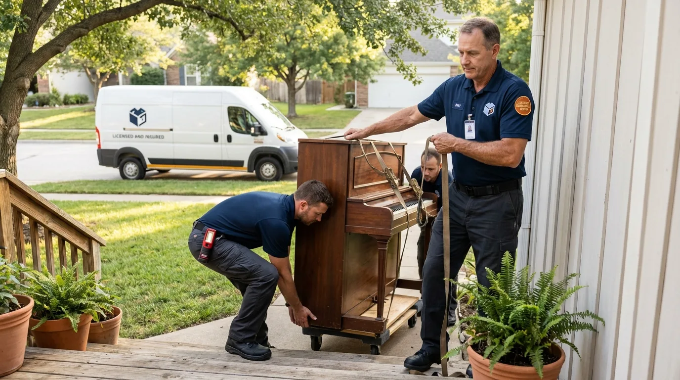 Licensed piano movers securing grand piano in Goliad, TX