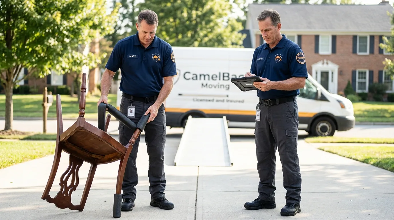 Movers inspecting furniture for damage prevention before loading in Goliad, TX