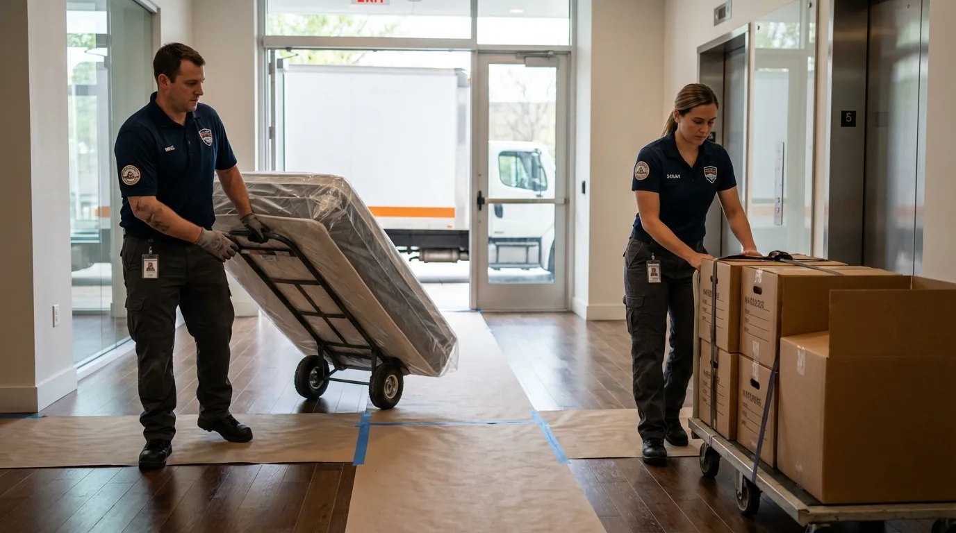 Professional apartment movers loading elevator in Goliad, TX